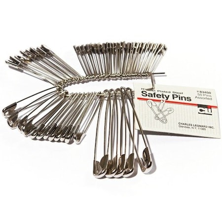 Charles Leonard CharlesLeo 83450, Safety Pins, Nickel-Plated, Steel, Assorted Sizes, 50, 50PK LEO83450